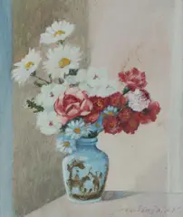 Mixed Flowers in a Blue Jar by Adrian Feint, 1968, Oil on Board, sold Oct 2026