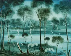 Swamp Birds by Pro Hart, 1981, Oil on Board, sold Oct 2026