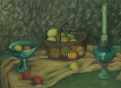 Still Life with Fruit and Lamp by David Edgar Strachan, 1953, Oil on Canvas, sold Oct 2026