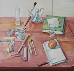 Red Table Still Life by Bryan Westwood, Oil on Board, sold Oct 2026