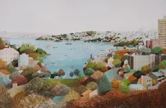 Port Jackson, Sydney Harbour, with Tall Ships by Ric Elliot, Oil on Board, sold Oct 2026