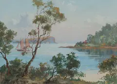 Lion Island from Flint and Steel Track, Kuringai Chase, Sydney by John Charles Allcot, Gouache, sold Oct 2026