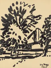 Buhnenhaus mit 3 Bäumen by Fritz Bleyl, 1920, Tusche über Bleistift auf Papier, sold Dec 2018