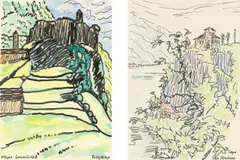 Misox Graubünden“ / „Capo San Martino by Fritz Bleyl, Um 1923, 2 Blatt: Tusche u. Aquarell bzw. Tusche u. Farbstift, jeweils auf Papier, sold Dec 2018