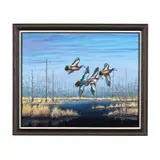 Cinnamon Teals Flying by Jake Taylor, Oil on canvas, sold May 2024
