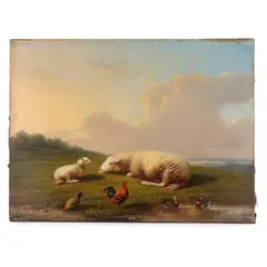 Sheep, Chickens, and Ducks in a Landscape by Franz Van Severdonck, Oil on panel, sold May 2024