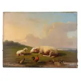 Sheep, Chickens, and Ducks in a Landscape by Franz Van Severdonck, Oil on panel, sold May 2024