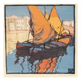 Fishing Boats by Helene Tüpke-Grande, Woodcut in colors on paper, sold May 2024