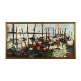 Abstract Harbor Scene by Alfred Chadbourn, Oil on masonite, sold May 2024