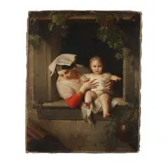 Mother and Child at Window by Giuseppe Mazzolini, Oil on canvas, sold Apr 2024