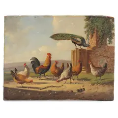 Peacock with Chickens by Albertus Verhoesen, Oil on panel, sold Apr 2024
