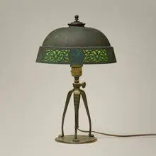 Adjustable Etched Band table lamp by Tiffany Studios, c. 1910, patinated bronze, slag glass, sold Jul 2026