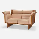 Pretentious settee from the Neo-Eclectic series by Ugo La Pietra, 1985, mahogany, leather, copper plate, steel, sold Oct 2022