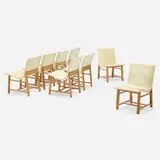 Chairs from the Kleinhans Music Hall, set of eight by Charles Eames and Eero Saarinen, 1939, vinyl over molded plywood, birch, brass, sold Oct 2022