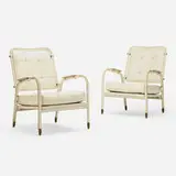 Lounge chairs, pair by Jacques Adnet, c. 1950, vinyl over steel, vinyl, brass, sold Oct 2022