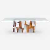 Cityscape dining table from the PE 400 series by Paul Evans, c. 1975, mahogany burl veneer, chrome-plated steel, glass, sold Oct 2022