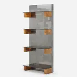 Cityscape bookshelf from the PE 400 series by Paul Evans, c. 1975, chrome-plated steel, maple burl veneer, glass, sold Oct 2022