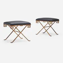 Tabourets, pair by Jean-Michel Frank, c. 1938, leather, gilt steel, sold Oct 2022