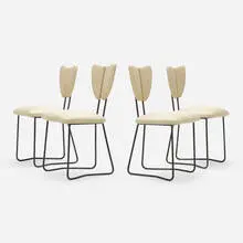 Poumon chairs, set of four by Janette Laverrière, 1950-51, enameled iron, upholstery, sold Oct 2022
