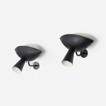 Cachan sconces, pair by Serge Mouille, 1957, enameled aluminum, enameled steel, sold Oct 2022