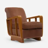 Lounge chair by Maxime Old, c. 1947, oak, upholstery, sold Oct 2022