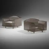How High the Moon armchairs, pair by Shiro Kuramata, 1986, epoxy coated nickel-plated steel, sold Oct 2022