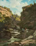 Bachbett in felsiger Schlucht, mit Personenstaffage by Jean Philippe George, oil on canvas, offered Jun 2018
