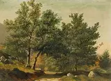Spätsommerlandschaft mit Laubbäumen in felsigem Gelände by Jean Philippe George, oil on paper, sold Jun 2018