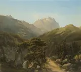 Blick ins Taminatal mit Bad Pfäfers, 1858 by Konrad Usteri, oil on board, offered Jun 2018