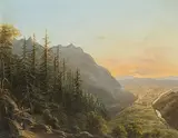 Blick von einer Anhöhe in ein Gebirgstal, gegen Sonnenaufgang, 1858 by Konrad Usteri, oil on board, sold Jun 2018