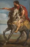 Kopie Ein römischer Offizier zu Pferde mit ausgestrecktem Kommandostab, Ausschnitt aus der Kreuzaufrichtung Rubens' von 1637/38 by Peter Paul Rubens, oil on paper, sold Mar 2018