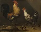 Nachfolger Hahn, Henne und Küken by Melchior de Hondecoeter, oil on canvas, sold Mar 2018