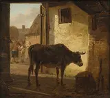 Kuh im Stall, im Hintergrund Blick auf den Hof by Jacob van Strij, oil on panel, offered Mar 2018