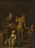Familie mit Katze in der Küche by Justus Juncker, oil on panel, offered Mar 2018