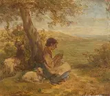 Strickendes Hirtenmädchen unter einem Baum by Jakob Fürchtegott Dielmann, oil on panel, sold Mar 2018