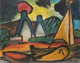 Landschaft mit Booten und Häusern by Ernst Mollenhauer, 1949, oil, offered Mar 2018