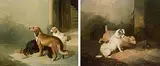 Gegenstücke: Zwei Hunde vor der Rattenfalle / Jagdhunde am Ausruhen by Paul Jones, 1858, oil on canvas, sold Mar 2018