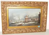 Winterliche Flusslandschaft mit Dorf by Albert Lenoir, oil on panel, offered Mar 2018
