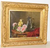Stilleben mit Rosen und Kristallkaraffe by Dominique Rozier, oil on canvas, sold Mar 2018