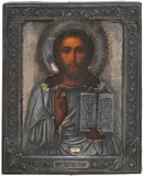 Russisch, um 1900 by Christus Pantokrator mit Silberoklad, tempera, offered Mar 2018