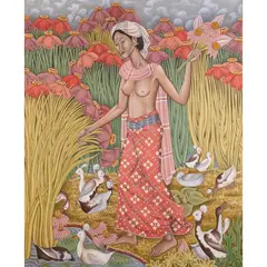 In the Garden by Dewa Putu Bedil, acrylic on canvas, sold Aug 2023