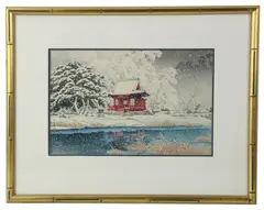 The Inokashira Benten Shrine in Snow (Shato no yuki) by Kawase Hasui, woodblock print, sold Jun 2026