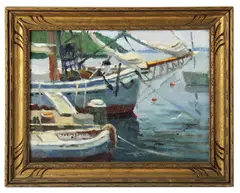 Sailboats in Gloucester by Tom Heinsohn, oil on canvas, sold Jun 2026
