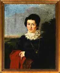 Woman with Dark Gown and Lace Collar with Landscape Behind by Theodor Leopold Weller, oil on canvas, sold Jul 2025