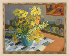 Still Life with Yellow Flowers by Marjorie Wallace, oil on canvas, sold Jul 2025