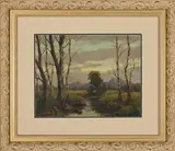 Landscape with Blue gums beside a Stream by Titta Fasciotti, oil on canvas mounted on board, sold Jul 2025
