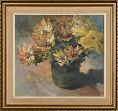 Still Life with Flowers by Ruth Squibb, oil on canvas mounted on board, sold Jul 2025