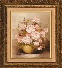 Still Life with Pink Roses by Robert Cox, oil on canvas mounted on board, sold Jul 2025