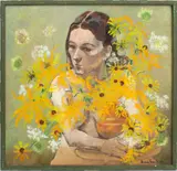 Woman Holding a Bouquet by Marian Murr Meyer, 1975, Oil on Board, sold Jan 2025