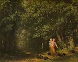 Mädchen in Waldlichtung, eine Schar Truthühner vor sich her treibend by Fritz Zuber-Buhler, oil on canvas, offered Mar 2018